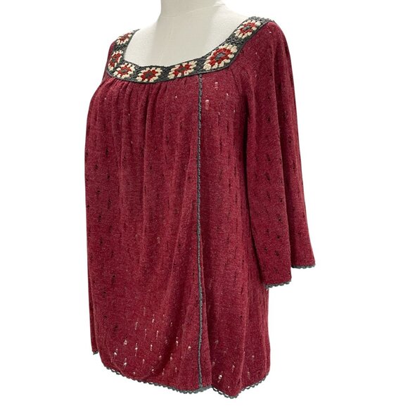 Burgundy Crochet Trim Peasant Tunic Top Maverick The Collection Oversized S - Picture 10 of 12